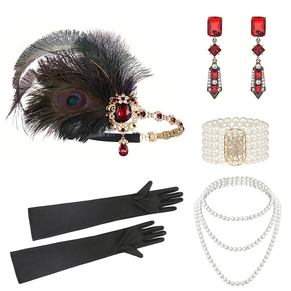 Red Feather Hair Band Masquerade Single Jewelry Set