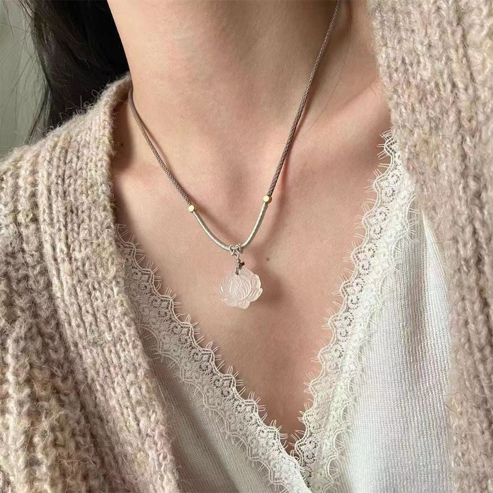 Moon White Moonlight Chalcedony Lotus Braid Necklaces