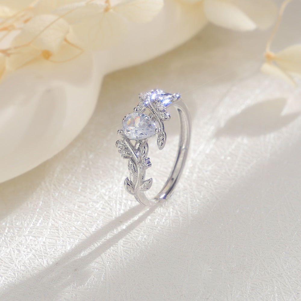 Zircon Twigs Light Luxury Bud Winding Leaves Ancient Charm Temperament Rings