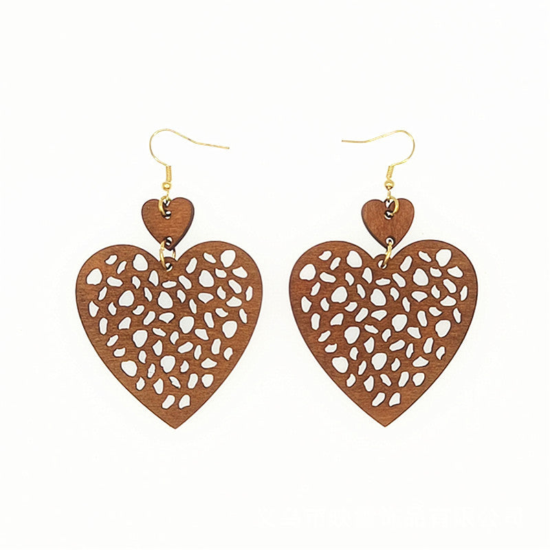 Bohemian Vintage Mesh Cut Wood Piece Geometric Heart Earrings