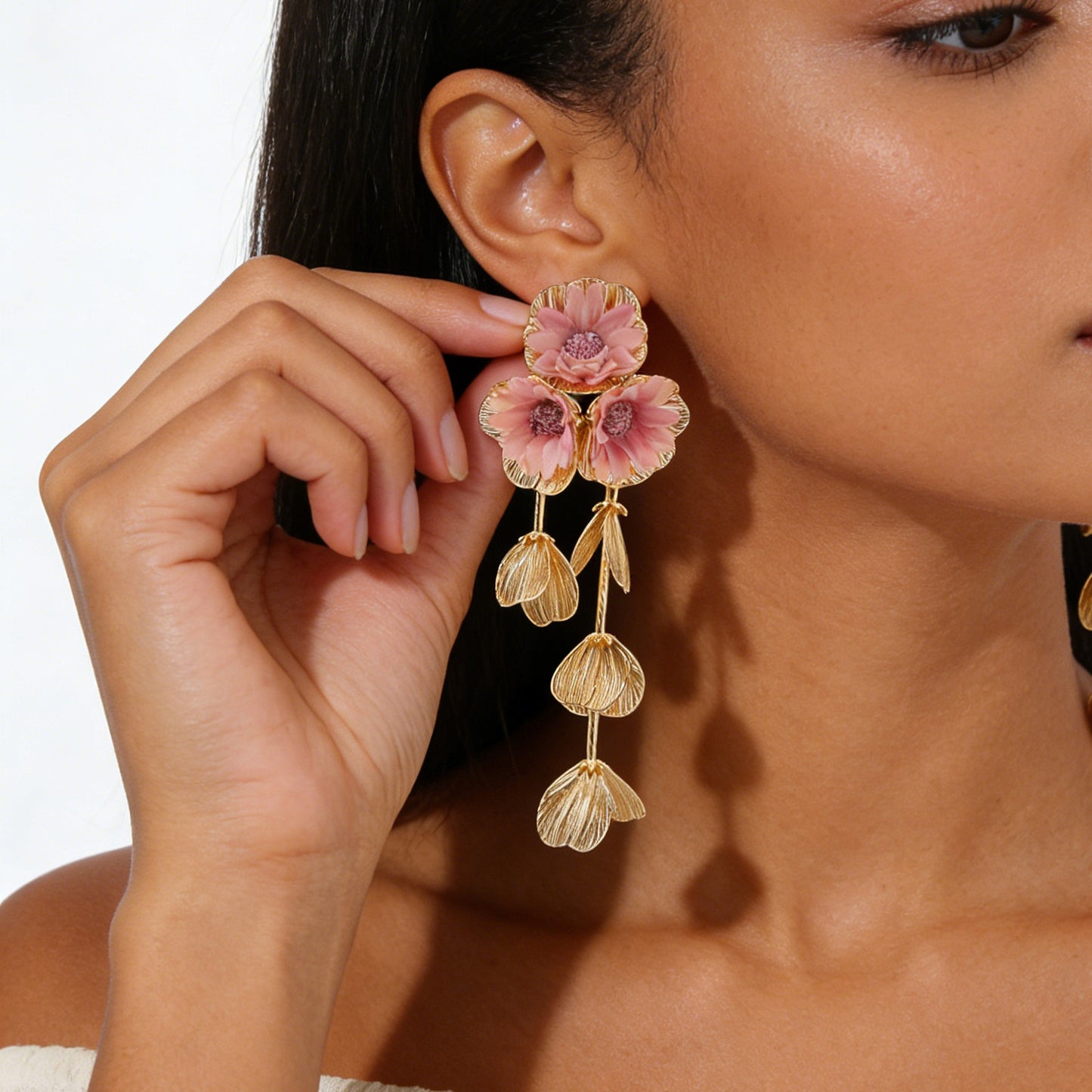 Women's Fashion Metal Hollow Floral Tassel Fresh Earrings