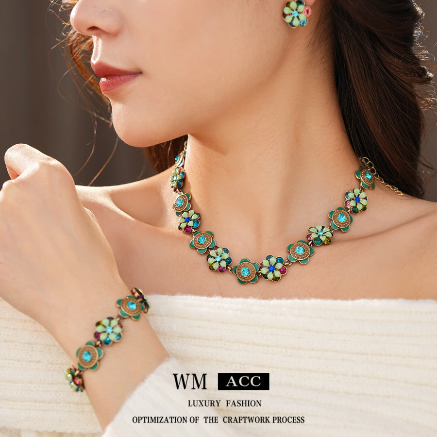Women's Middle Ancient Diamond Glaze Flowers Light Luxury Minority Clavicle Chain Jewelry Set