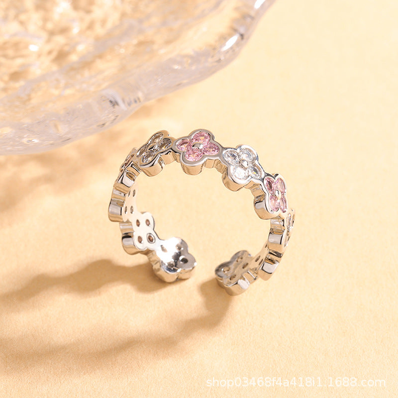 Luxury Copper Inlaid Color Diamond Clover Open Adjustable Elegant Ring