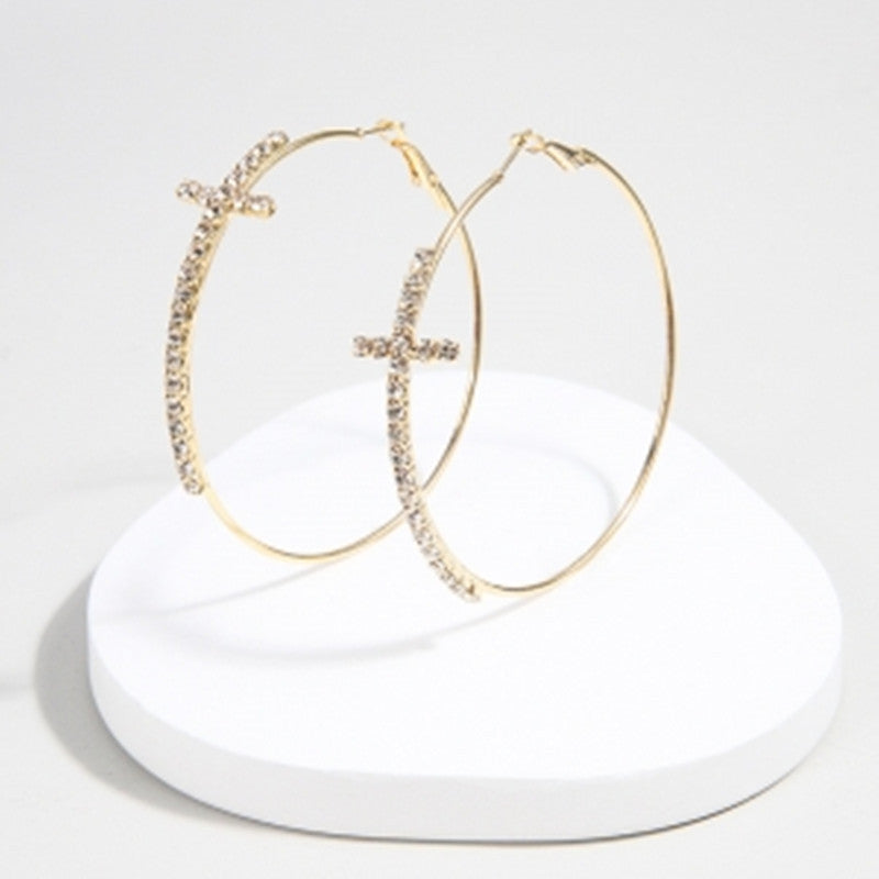 Women's Golden Cross Circle Diamond Simple Personality Exaggerated Earrings