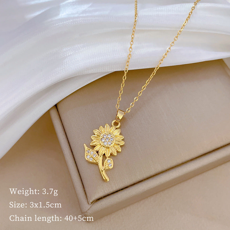 Women's Steel Sunflower Zircon Light Luxury Temperament Gorgeous Full Necklaces