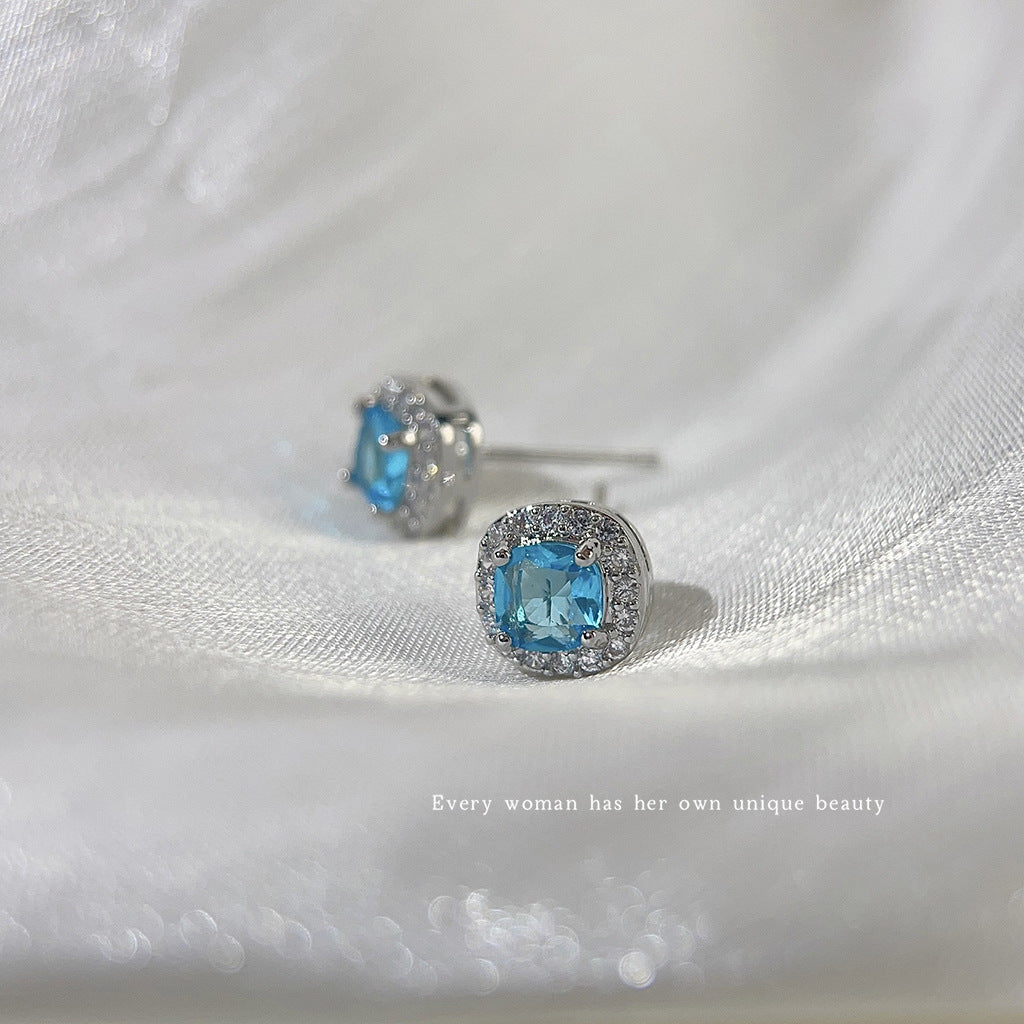 Micro Inlaid Zircon Simple Navy Blue Square Geometric Sier Earrings