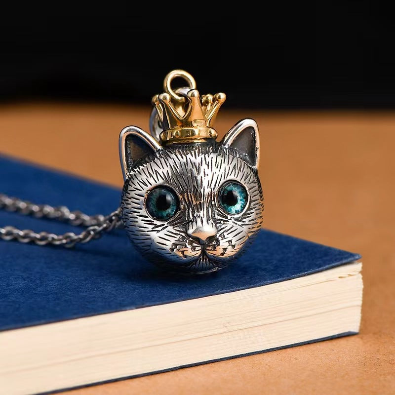 Men's Cute Cat Thailand Sier Crown Trendy Domineering Personalized Pendants