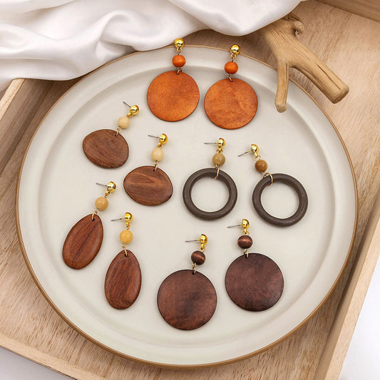 Women's Wooden Retro Simplicity Exaggeration Hollow Design Round Wood Earrings