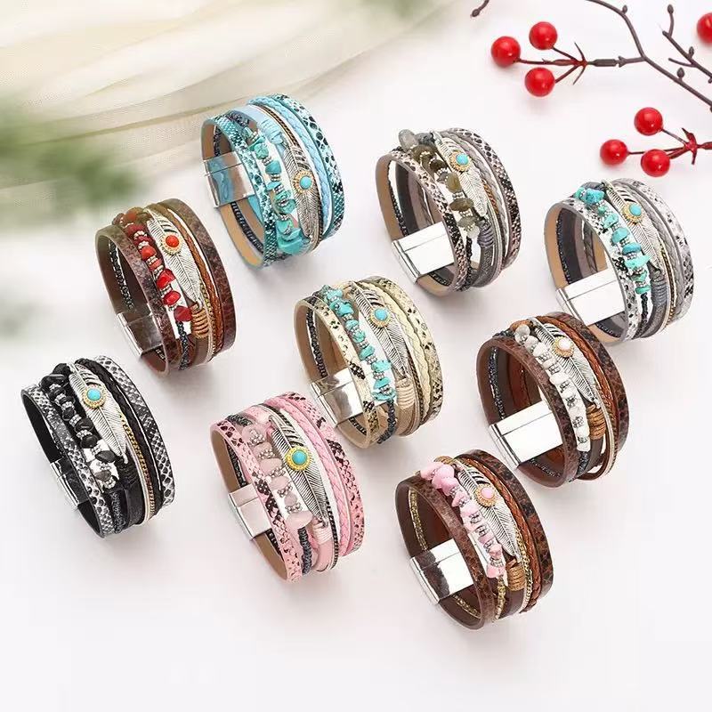 Women's Bohemian Style Gravel Feather Leather For Bracelet