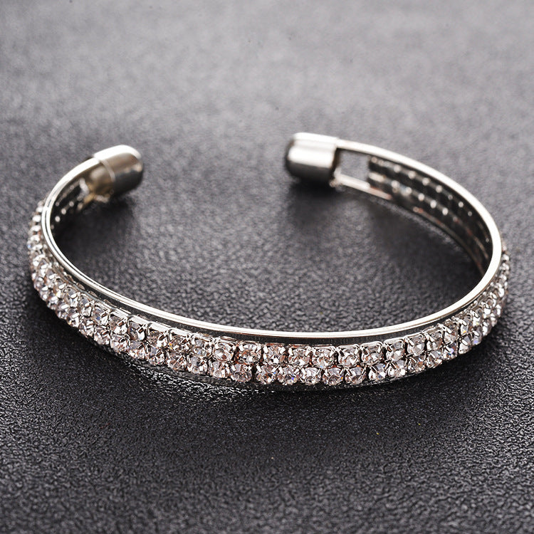 Women's High Quality Popular Rose Gold Sier Diamond 2 Rows Open-ended Bracelets