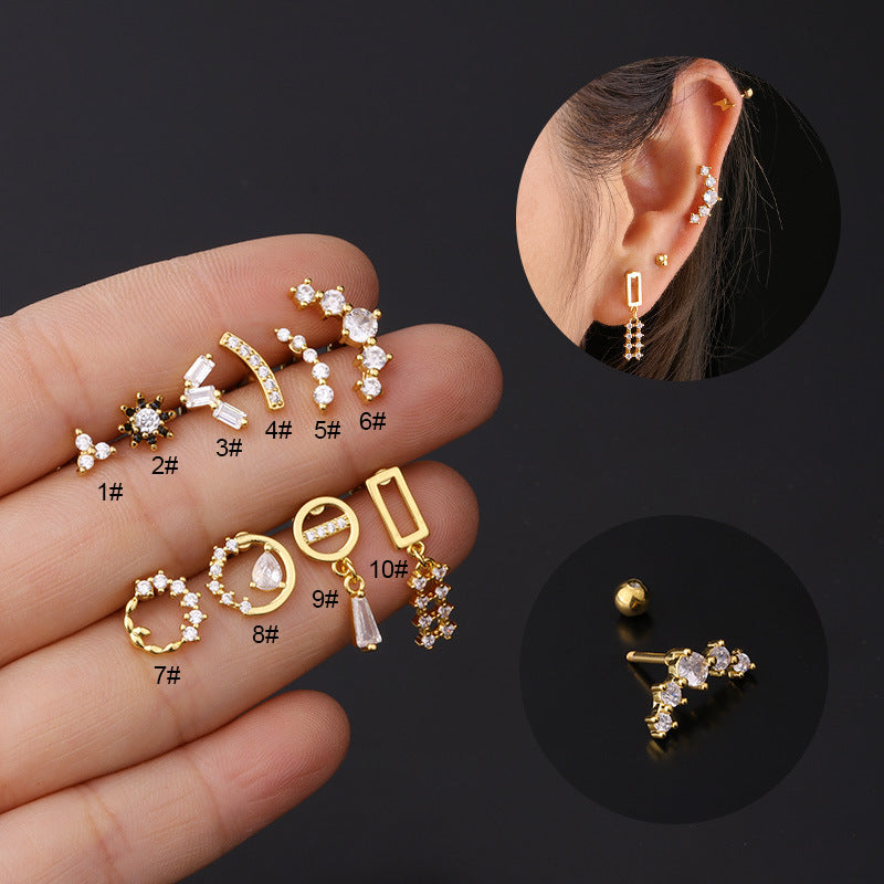 Stainless Steel Piercing Zircon Ear Bone Popular Screw Twist Ball Stud Earrings