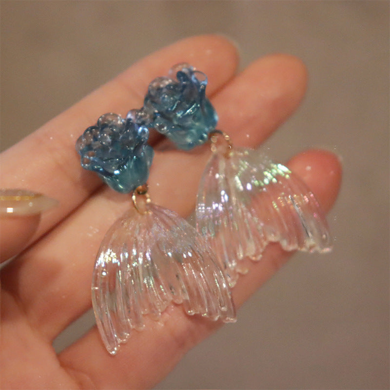 Blue Crystal Butterfly Flower Fashion Simple Fresh Light Luxury High Earrings