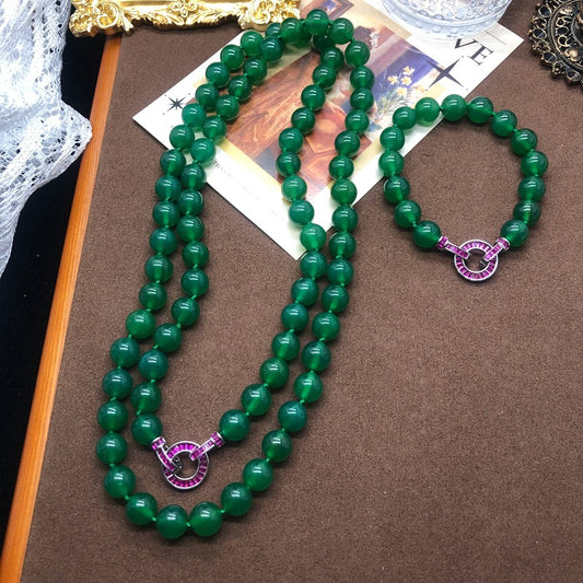 Chinese Ancient Style Green Agate Jade Beads Necklaces