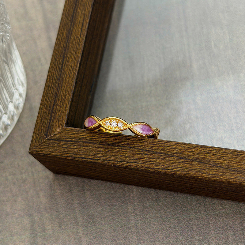 Luxury Retro Flower Auspicious Cloud Purple Enamel Open Niche Twin Rings