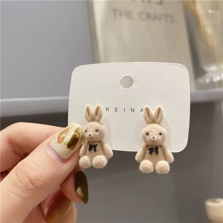 Heart Bunny Korean Flocking Cute Bear Ear Stud Earrings
