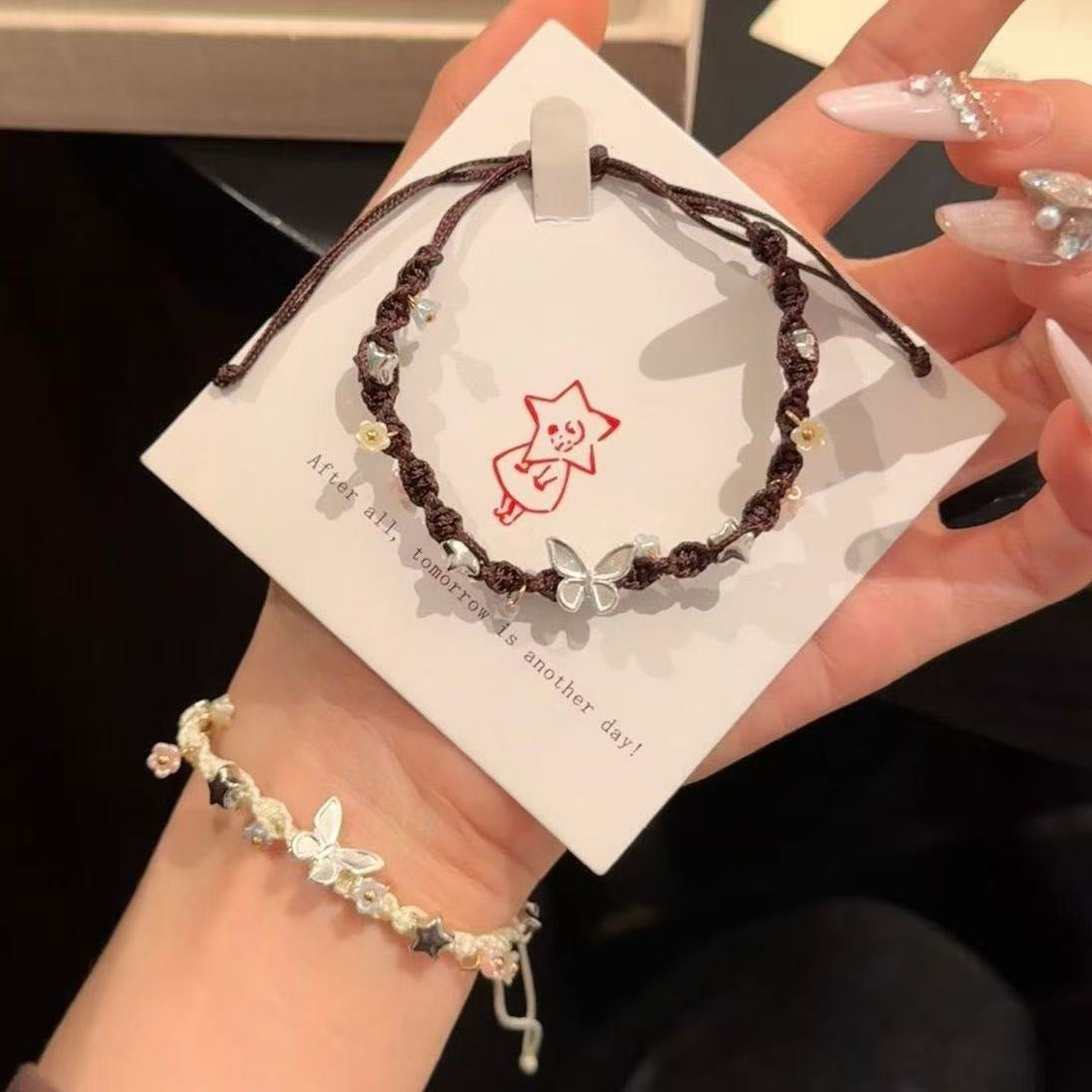 Leaf Butterfly Star Flower Mori Style Hand Woven Rope Couple Bracelets
