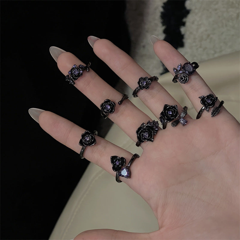 Women's Style Rose Open Design Purple Zircon Rings