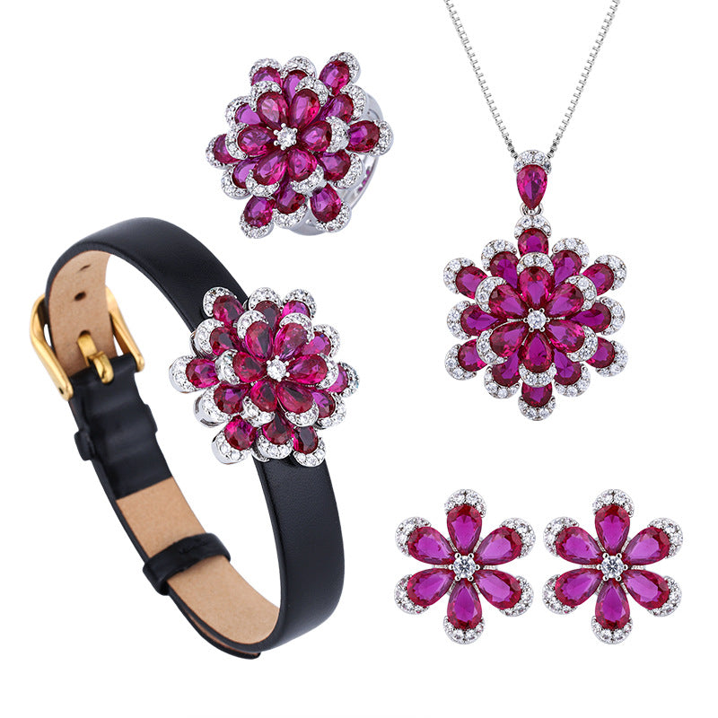 Women's Flower Advanced Light Luxury Three-piece Suit Jewelry Set