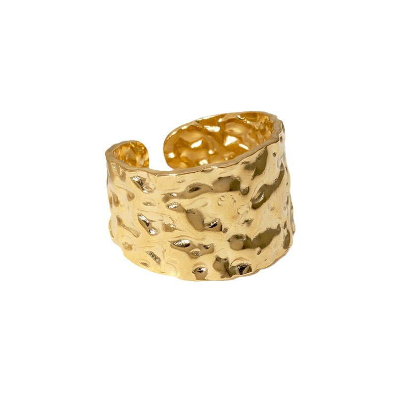 Women's Steel Open-end Gold-plated Irregular Hammered Wide Punk Ring
