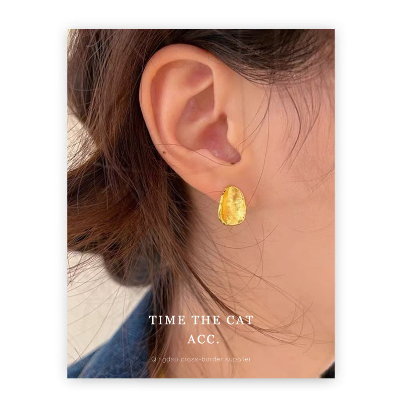 Needle Irregular Texture Round Copper Plated Real Gold Light Luxury Earrings