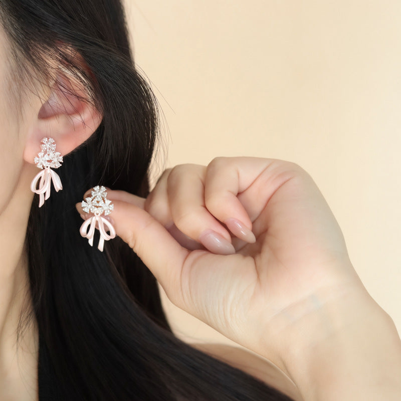 Sier Needle Drop Oil Zircon Flower Bow Simple Sweet Stud Earrings