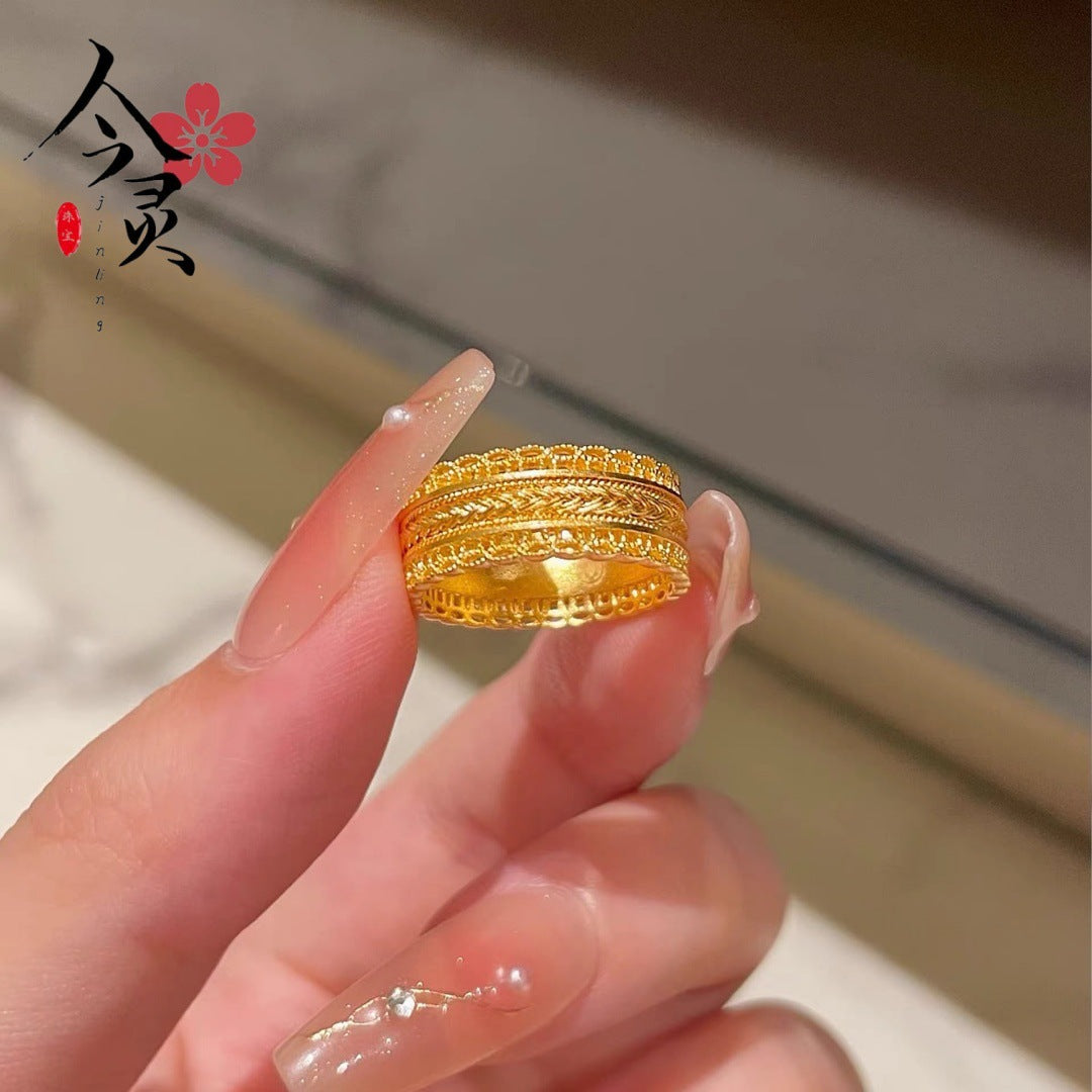 Alluvial Gold Ancient Style All-round Boutique Hollow Silk Wheat Lace Ring