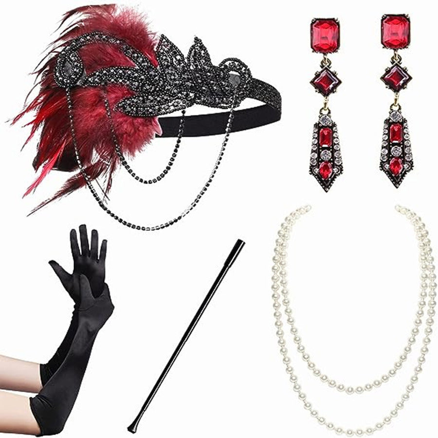 Red Feather Hair Band Masquerade Single Jewelry Set