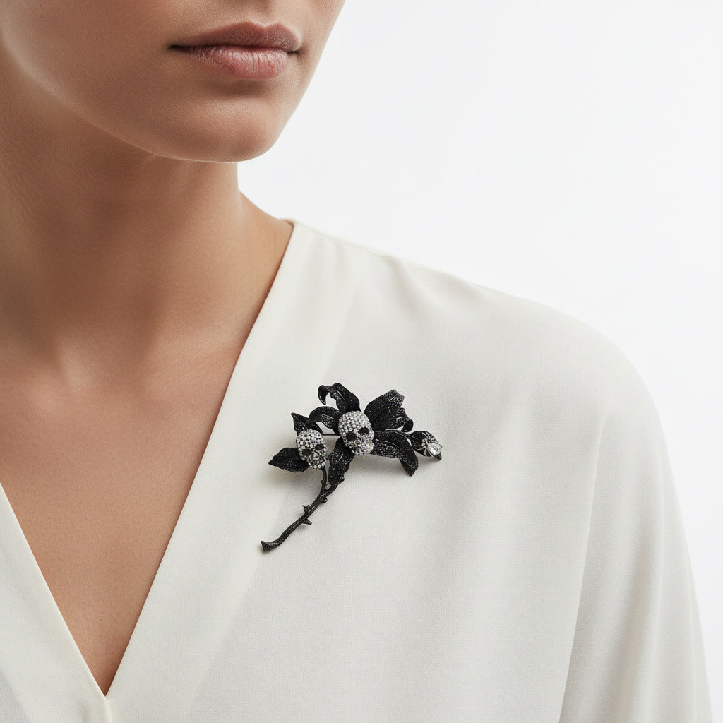 Women's Bat Flower Skull Full Diamond Brooch Jewelry Set