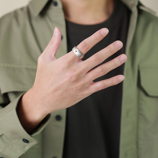 Stainless Steel Laser Corrosion Cross Rotatable Spinning Black Man Rings