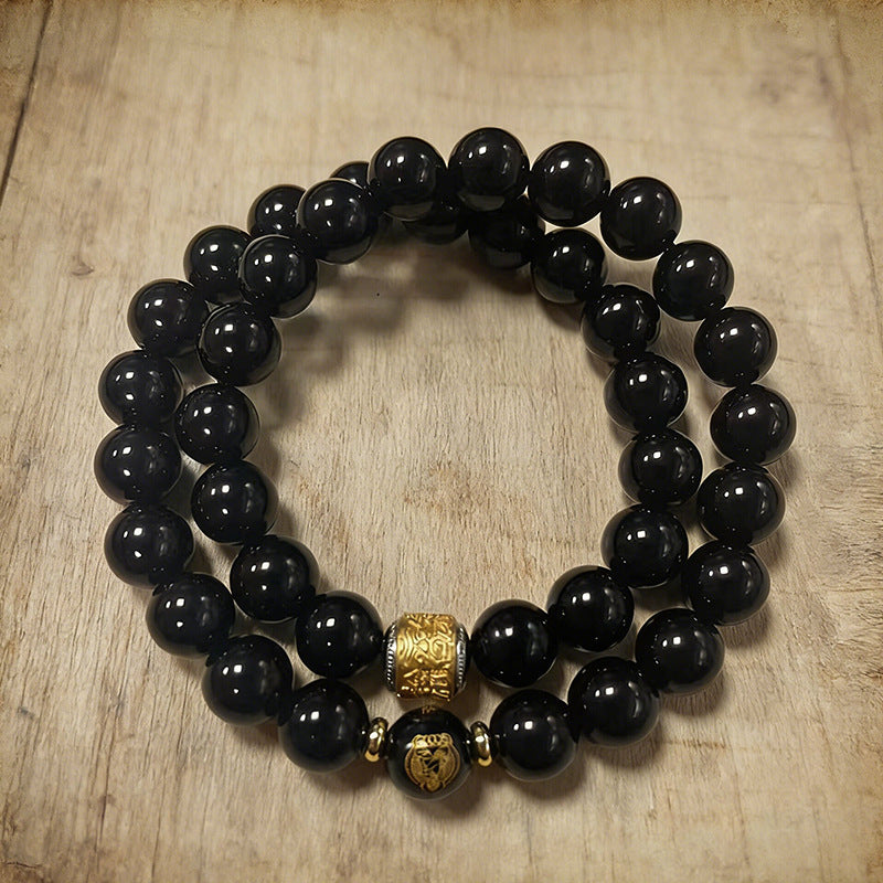 Men's Natural Obsidian Zodiac Natal Buddha Double Simple Bracelet
