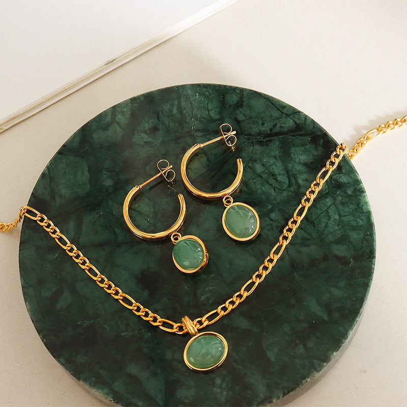 Natural Green Aventurine Ethnic Style Titanium Steel Vintage Elegant Jewelry Set