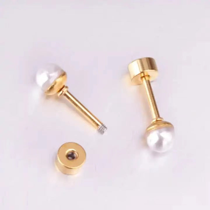 Pearl Screw Tightening Buckle Stainless Steel Female Simple Graceful Small Stud Earrings