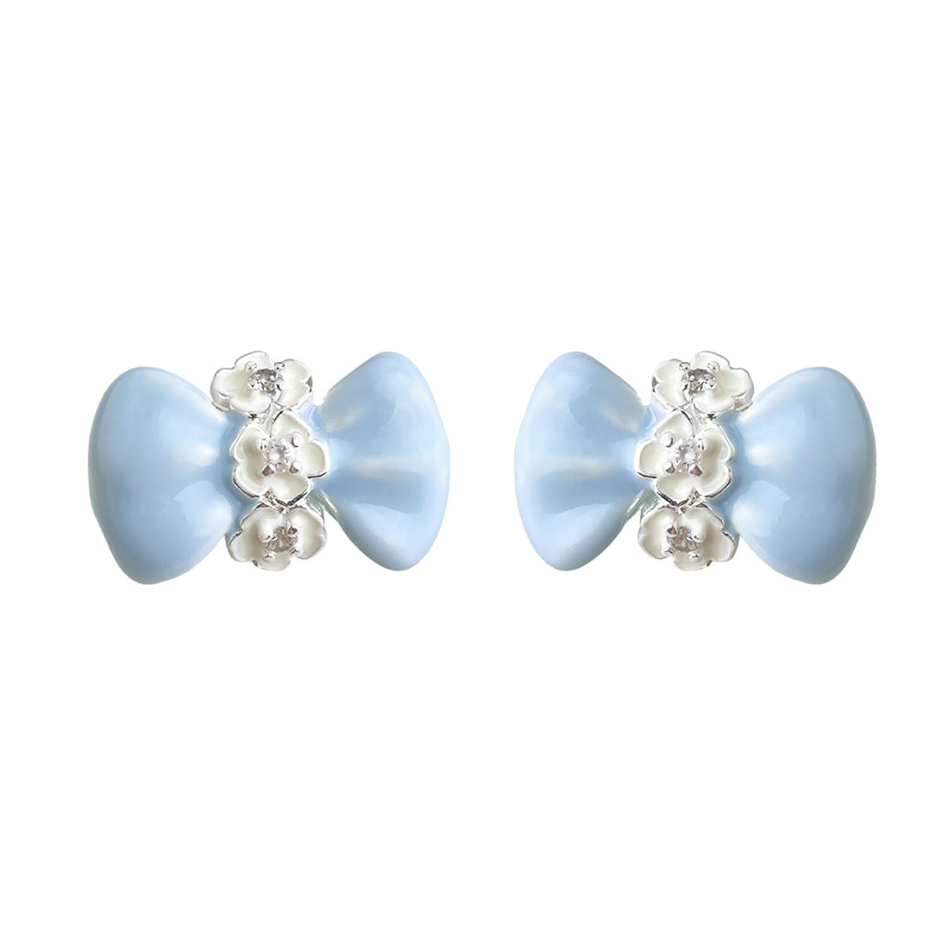 Milk Blue Drip Glazed Bow Flower Zircon Ear Earrings