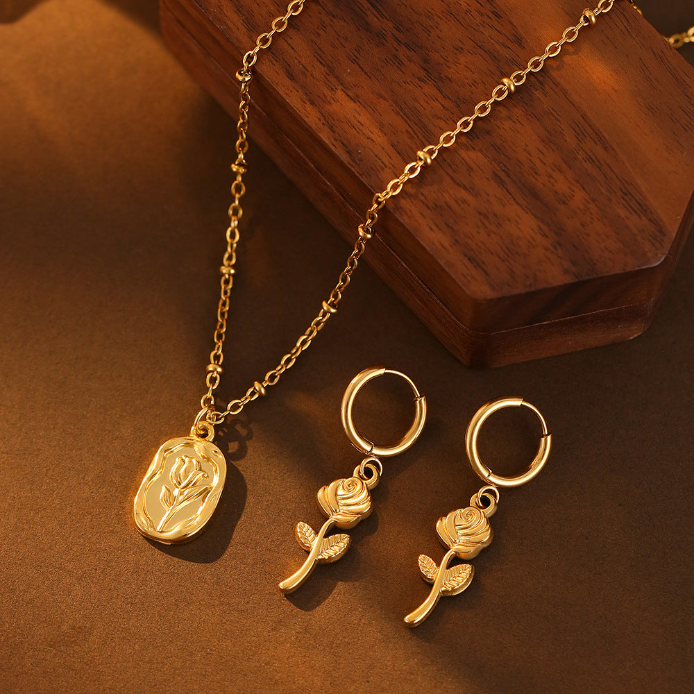 Women's Stainless Steel Rose Suite Titanium Gold Waterproof Jewelry Set