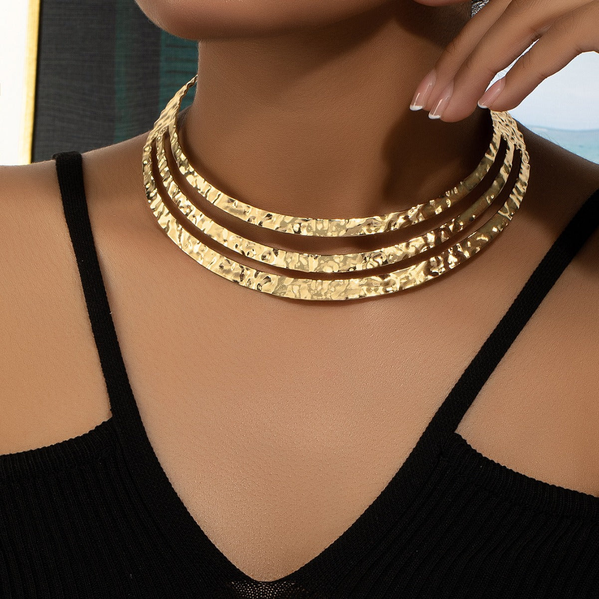 Women's Personalized Trendy Exaggerated Punk Alloy Inlaid Rhinestone Three-ring Retro Clavicle Collar