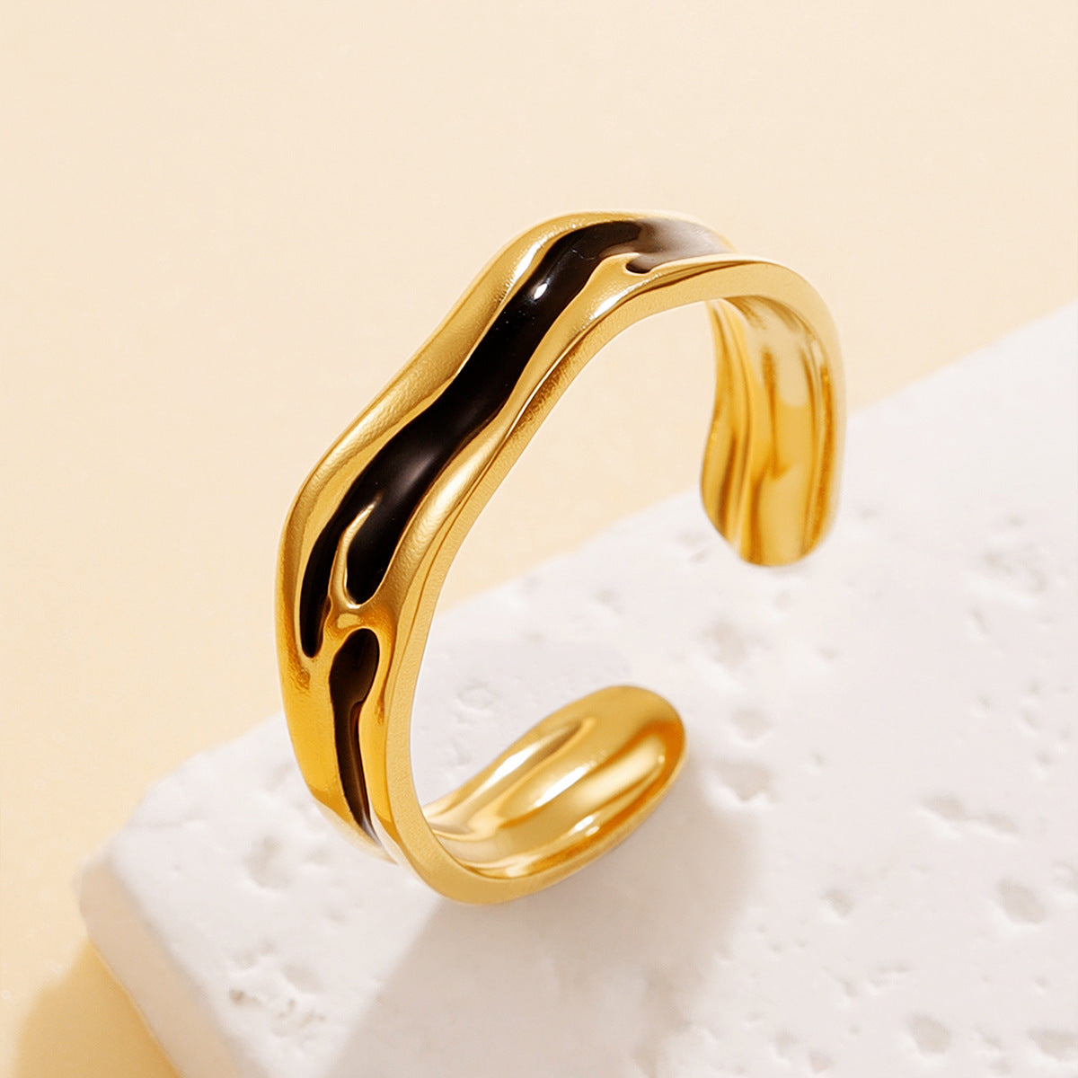 Retro Irregular Enamel Epoxy Stainless Steel Narrow Version Black Ring