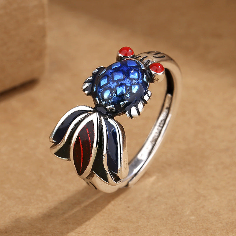 Old Enamel Burnt Blue Goldfish Female Ethnic Style Thai Sier Ring