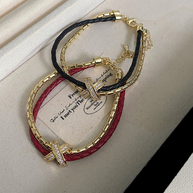 Double Layer Leather Cord Female Stitching Design Sense Micro Inlaid Bracelet