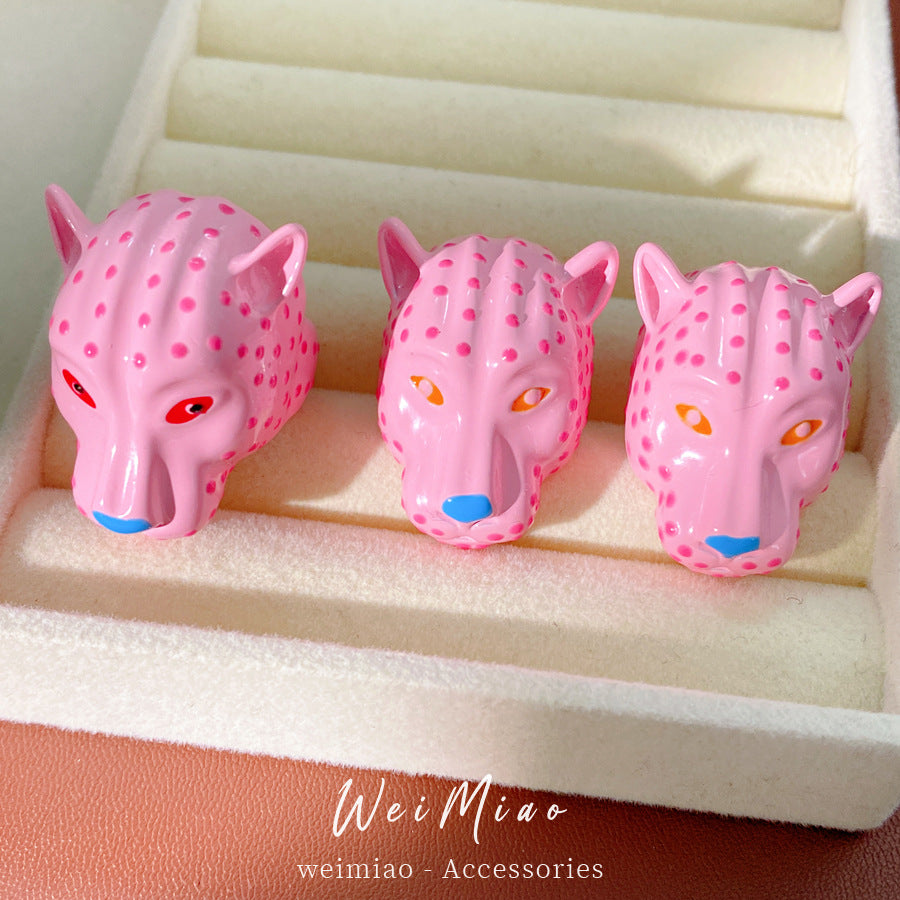 Women's Pink Leopard Head Light Luxury High-grade Niche Personality Temperament Jewelry Set