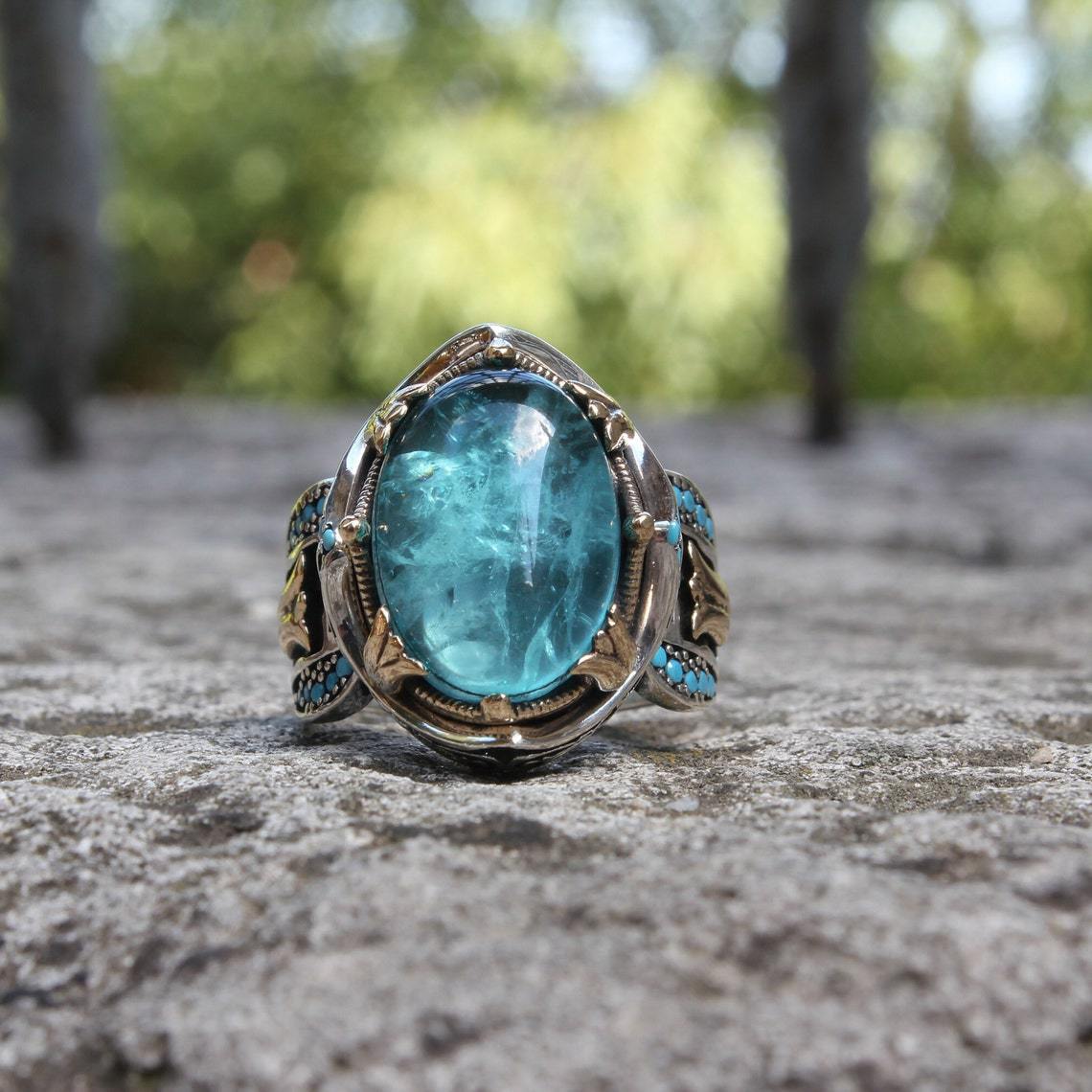 Blue With Carve Patterns Gemstone Two-tone Ring