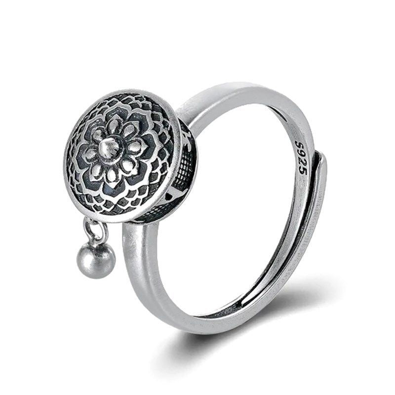 Women's Sier Six Words Mantra Heart Sutra Rotating Open Mouth Rings