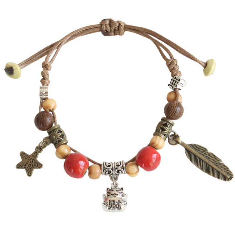 National Style Woven Lucky Cat Ceramic Adjustable Ethnic Carrying Bracelet