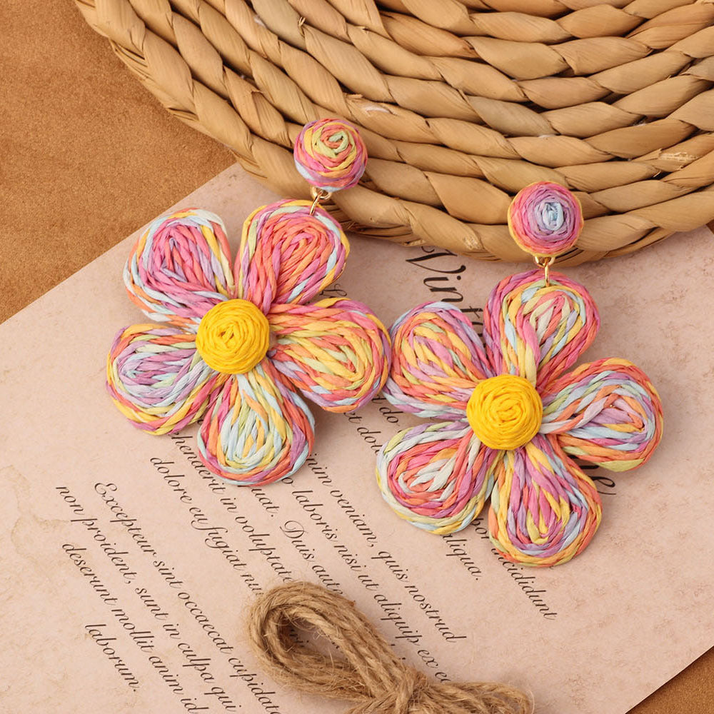Retro Beach Vacation Bohemian Grass Rattan Woven Female Temperament Long Earrings