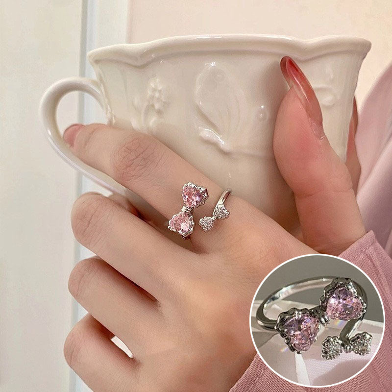 Pink Loving Heart Zircon Female Twin Elegant Sier Rings