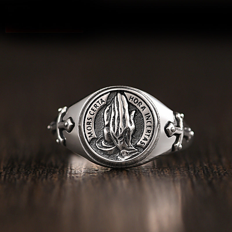 Men's Sier Personality Retro Praying Hands Open Blessing Ring