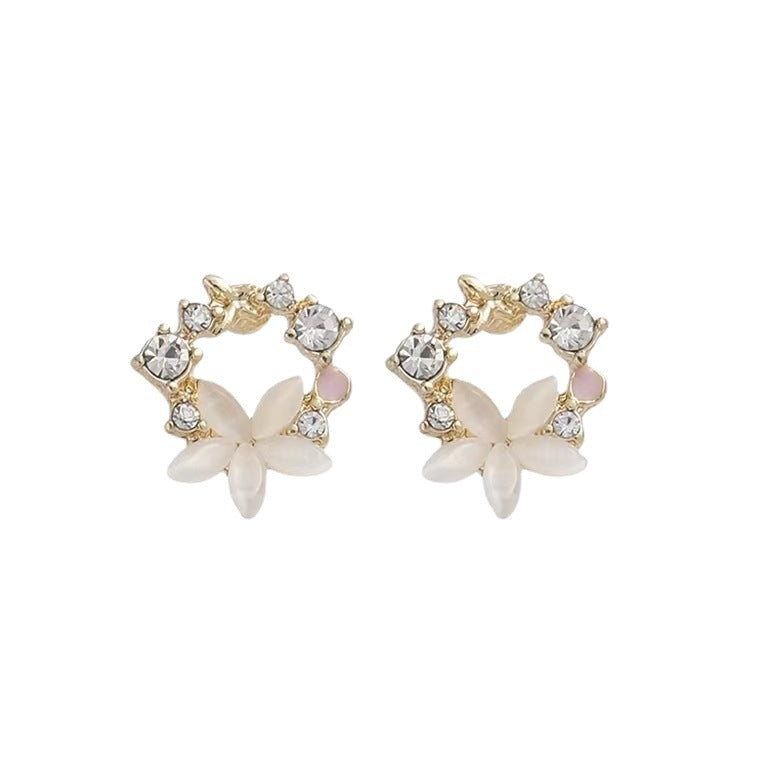 Sier Needle Opal Flower Trendy Elegant Zircon Small Ear Stud Earrings