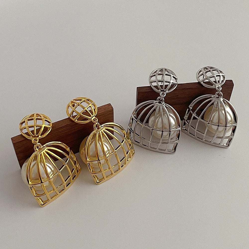Light Luxury Cold Style Metal Bird Cage Wrapped Pearl Sier Earrings