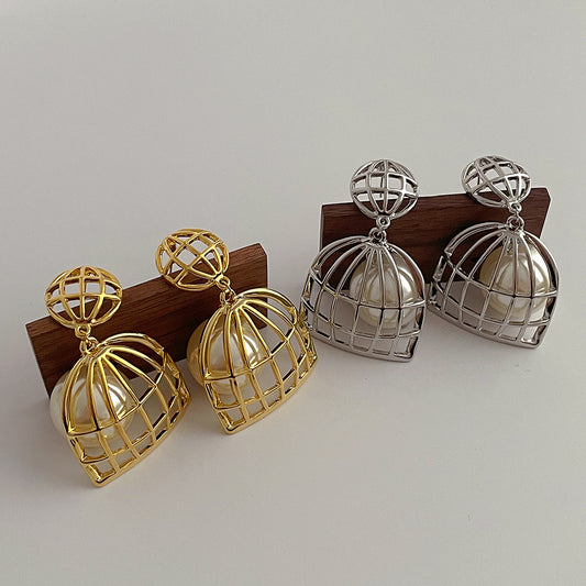 Light Luxury Cold Style Metal Bird Cage Wrapped Pearl Sier Earrings