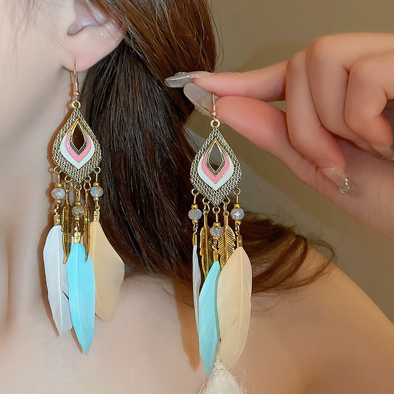 Feather Bead Tassel Niche Retro Vacation Earrings