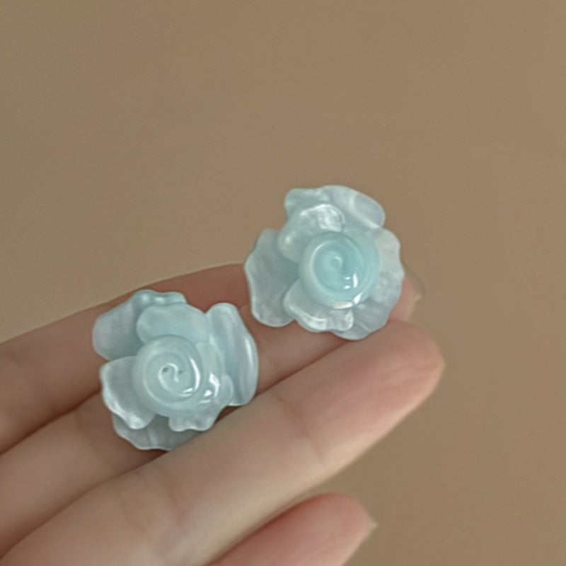 Women's Fresh Blue Fabric Flower Tassel Seaside Vacation Style Light Stud Earrings